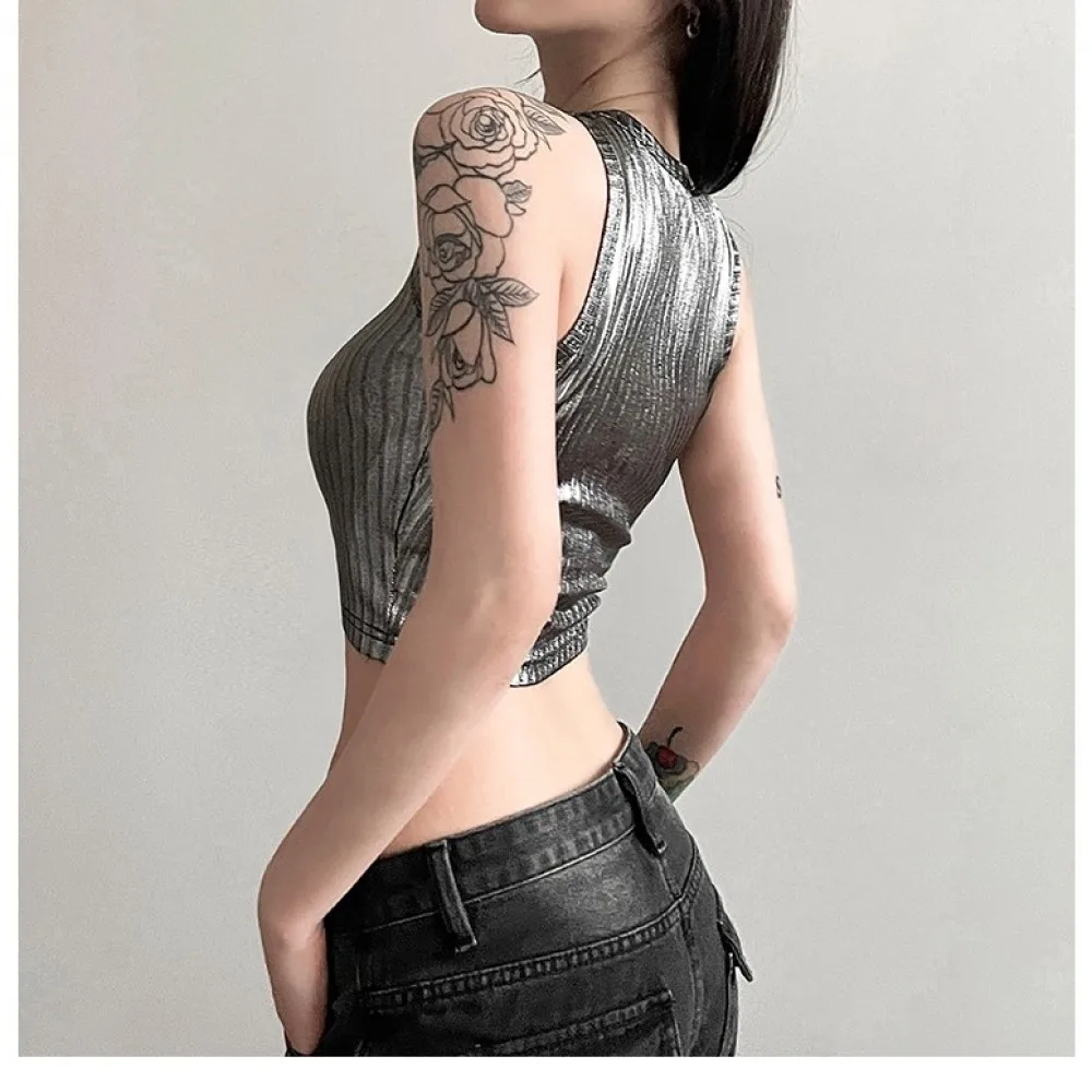 SylCue 하이 스트리트 크롭 탑 여성 여름 트렌드 반짝 이는 o 넥 민소매 스키니 스트레치 힙합 스타일 클래식 패션 의상