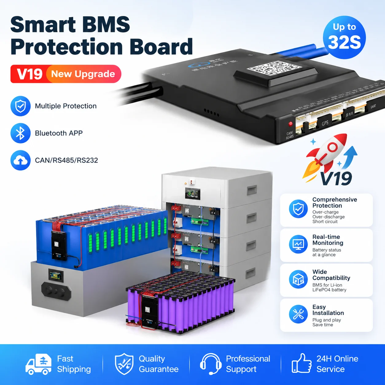 

JKBMS 8S-24S 100A Smart BMS JK-BD6A24S10P 0.6A Active Balancer LiFePO4 Li-ion Battery Protection Board for RV Solar Energy