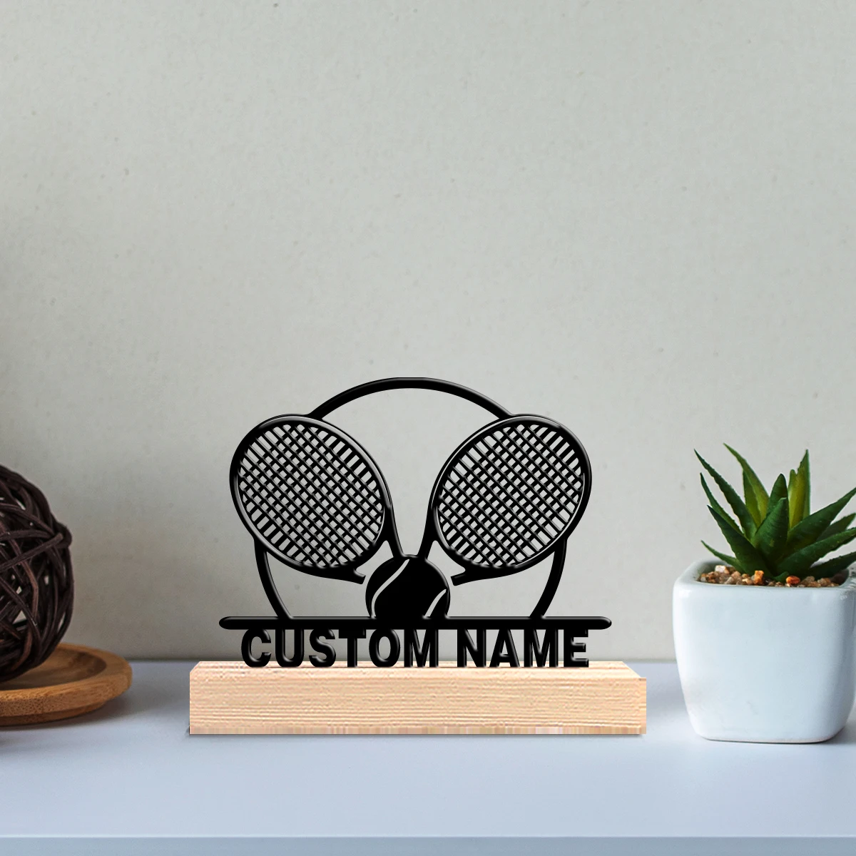 1pc Minimalist Tennis racket Personalized Text Iron Statue Metal Ornament Tin Sculpture With Wood Base Art Crafts With Wood