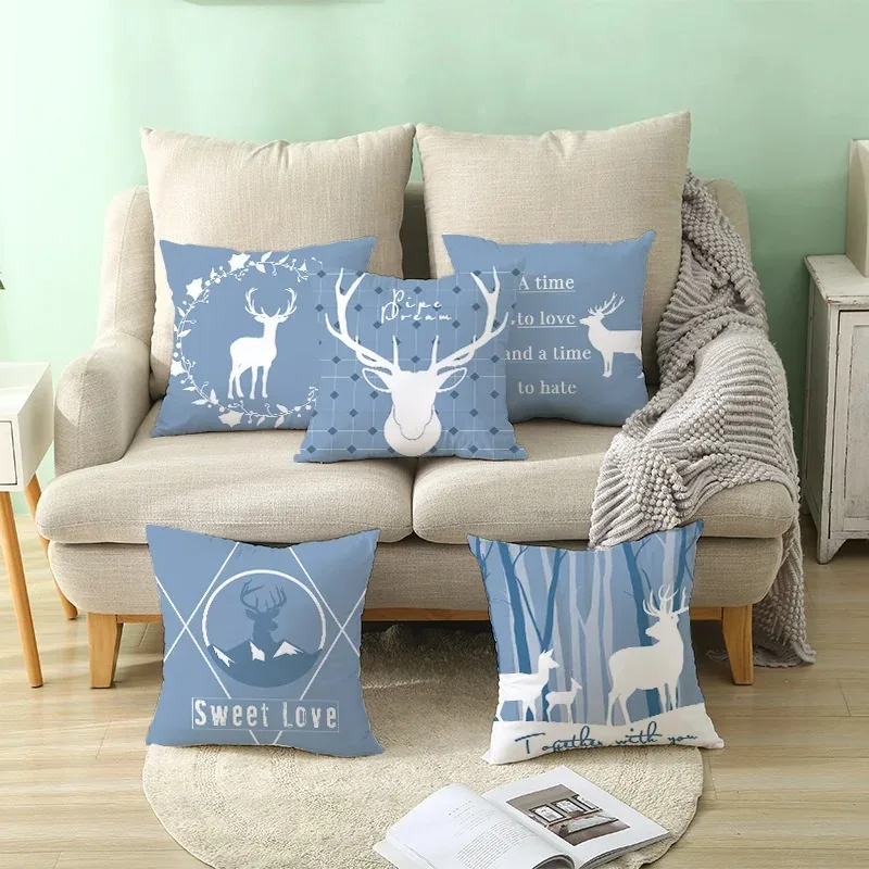 Office Living Room Home Pillowcase Fresh Elk Blue Pattern Pillowcase Car Ornaments