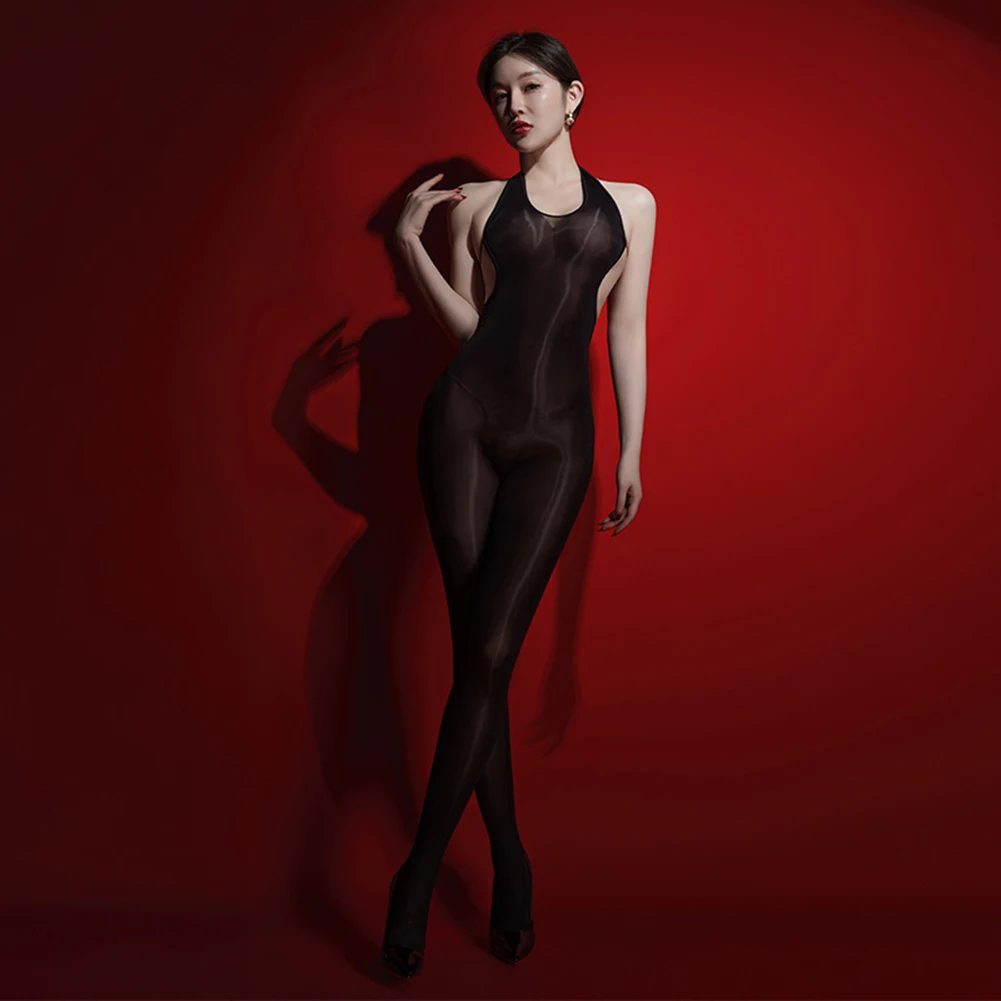 

Sexy See Through Women Stretch Jumpsuit V-Neck Backless Shiny Stockings Lingerie Oil Shiny Smooth Leotard Crotchless Bodysuit