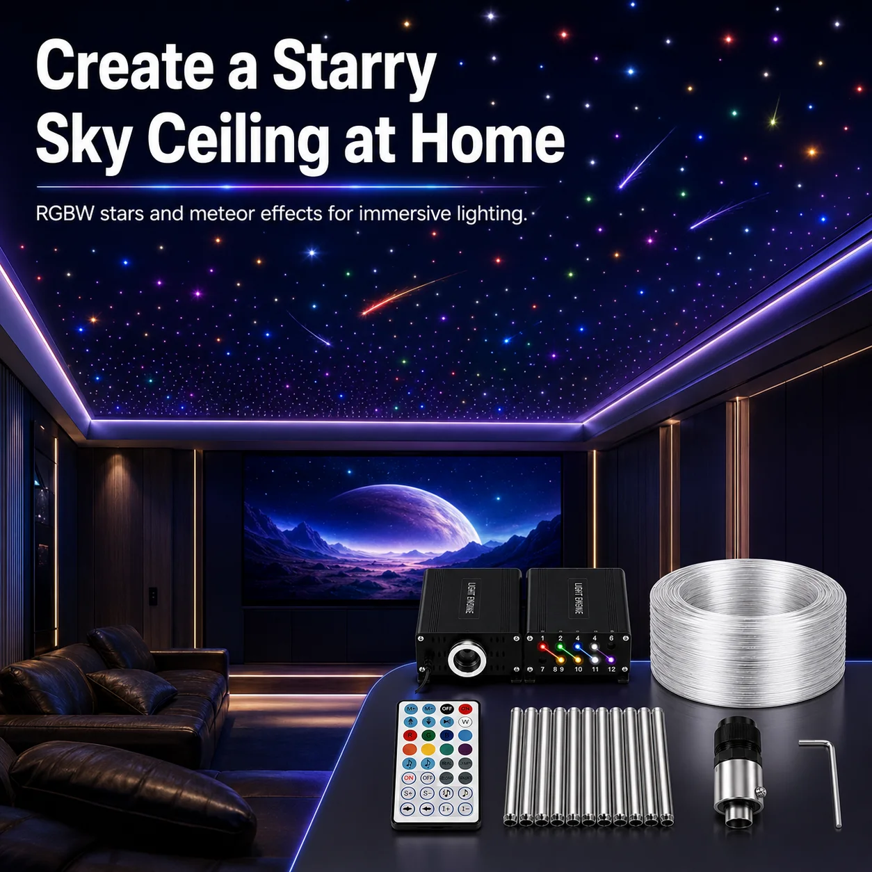RGBW Fiber Optic Star Ceiling Light Kit 25W 12V APP Remote Sound Control 2700K Warm White IP33 Rated Dimmable for Car Roof