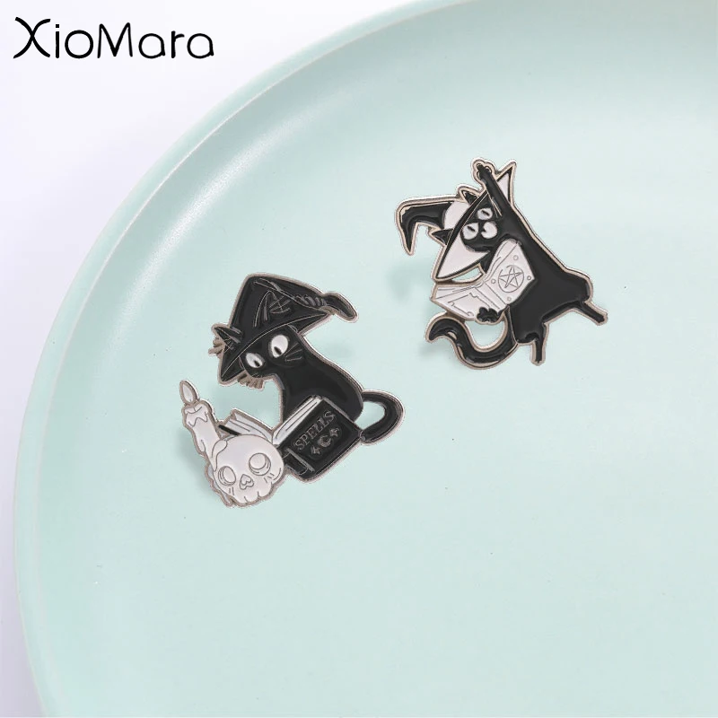 Gothic Witch Black Cat Enamel Pin, Cartoon Skull Candle Spell Book Cat Badge, Fashion Accessory, Gift for Cat and Witch Lovers