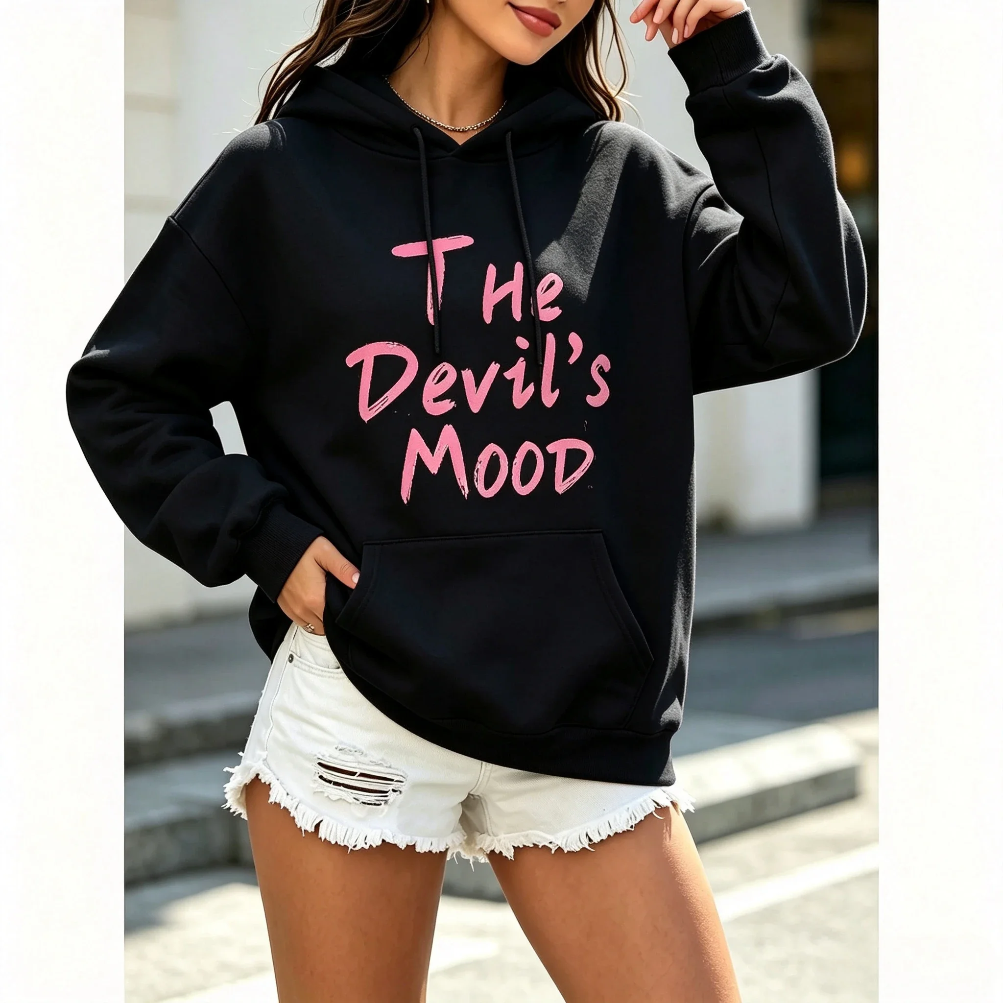 Women Loose Hooded Sweatshirt The Devils Mood Text Letter Graphic Print Soft Warm Daily Street Casual Hoodie  Clothing Clearance