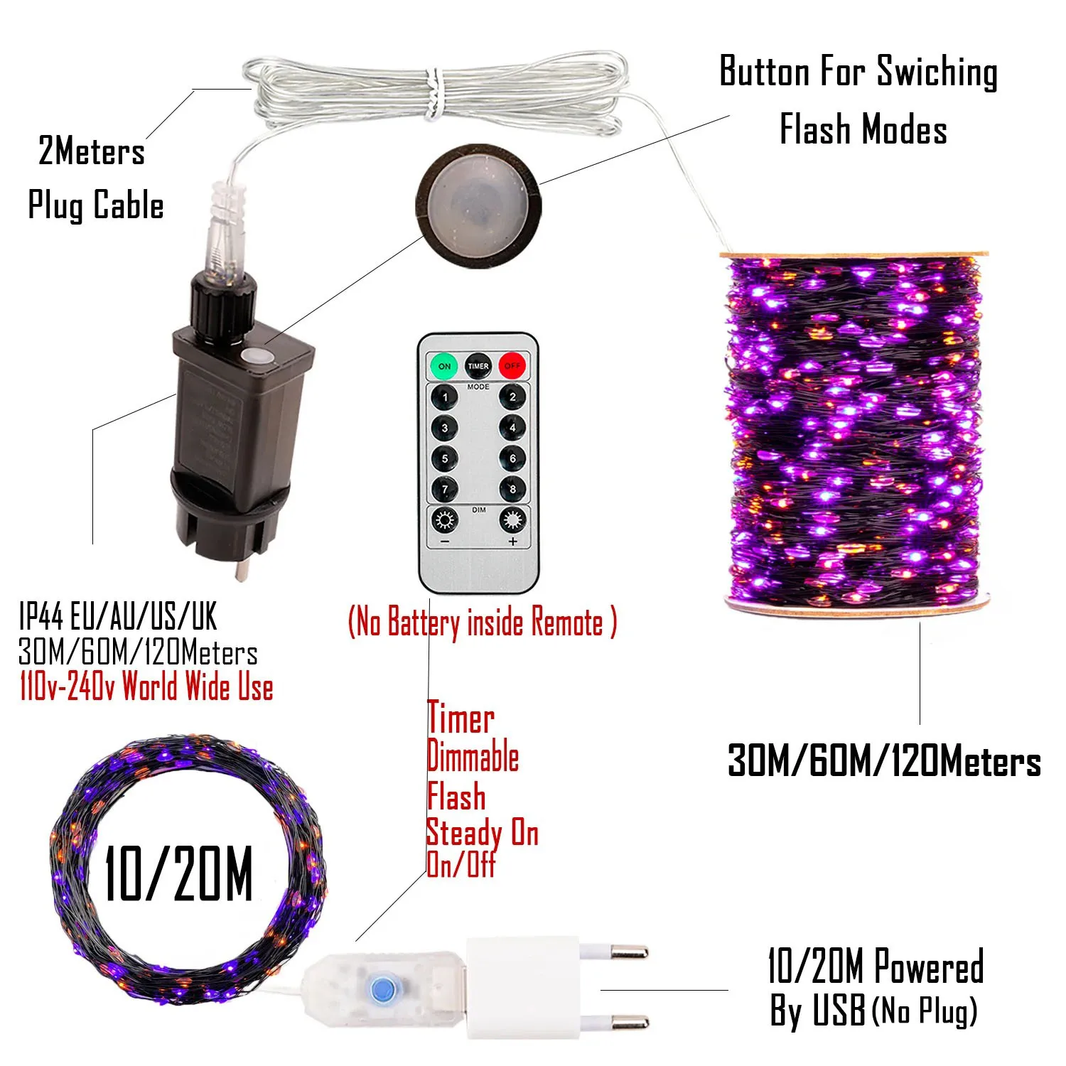 10-120m fio de cobre luzes da corda halloween roxo & laranja luz de fadas 8 modo ao ar livre rua natal guirlanda festa decoração