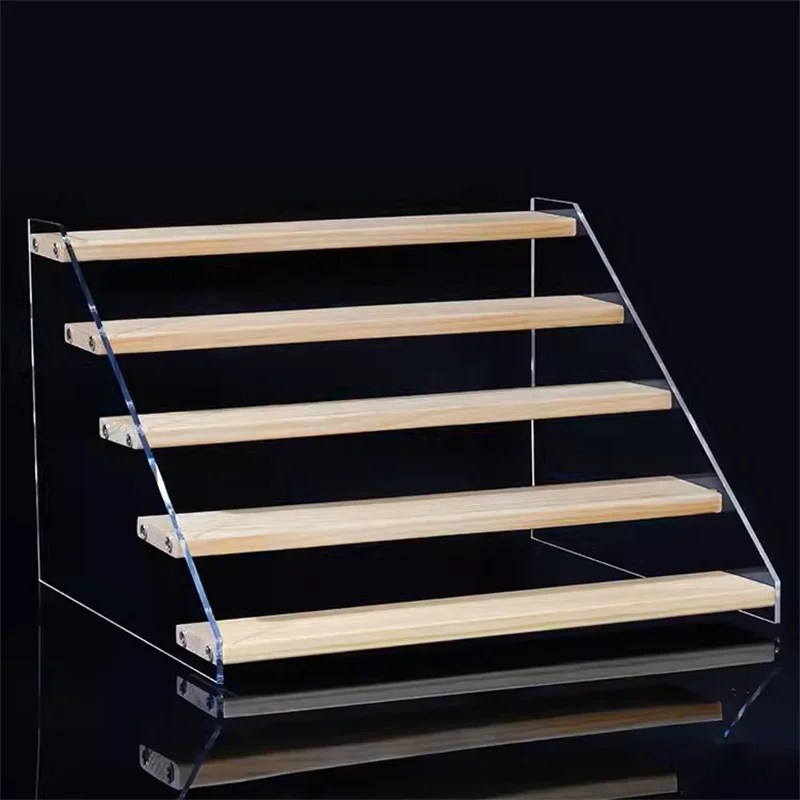 crapelles Wood Display Stand 5 Tier Clear Acrylic Display Shelf Riser for Perfumes Pop Figures Jewelry Cupcake Spice Desserts