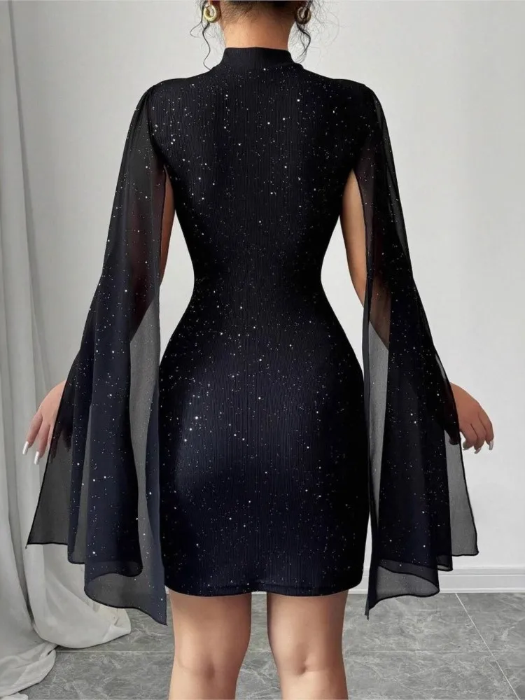 Fashion Black Shiny Party Dresses For Women O Neck Cape Sleeve Bodycon Wrapped Hip Sexy Dress Woman New Elegant Dress 2025