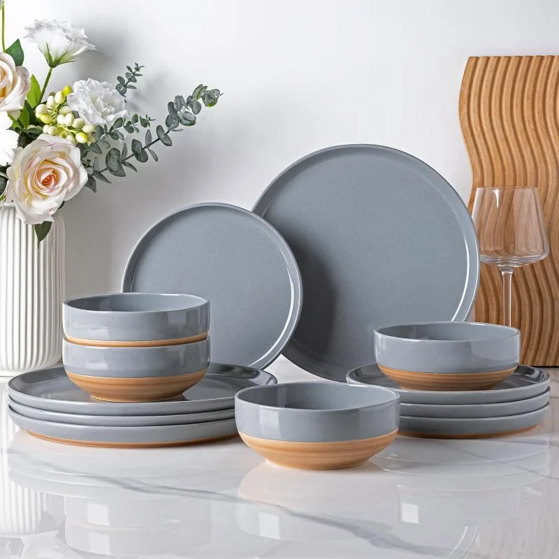 Ceramic Dinnerware Sets for 4, 12 Pieces Handpainted Plates and Bowls Set with Rustic Terracotta Underside