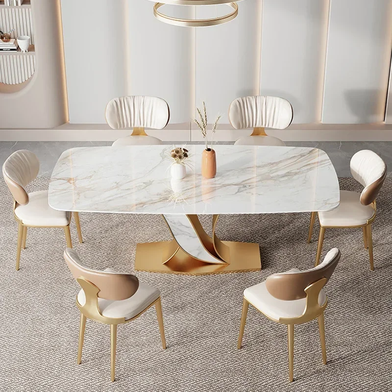 

Luxury golden stainless steel and stone topped rectangular dining table, suitable for family hotel restaurant furniture