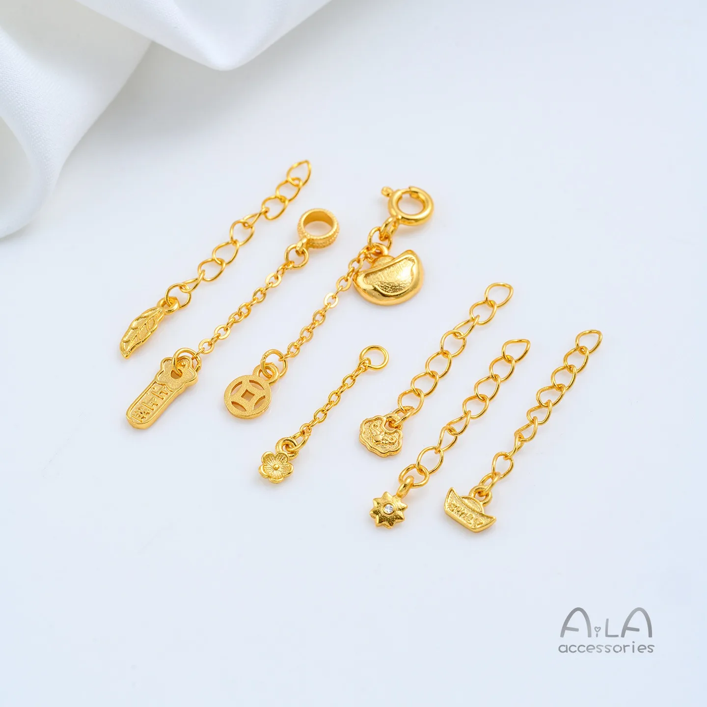 24K Gold Plated Brass Lucky Tag, Ingot, Coin, Leaf, Zircon Flower Extension Chain DIY Bracelet Necklace Jewelry Accessories