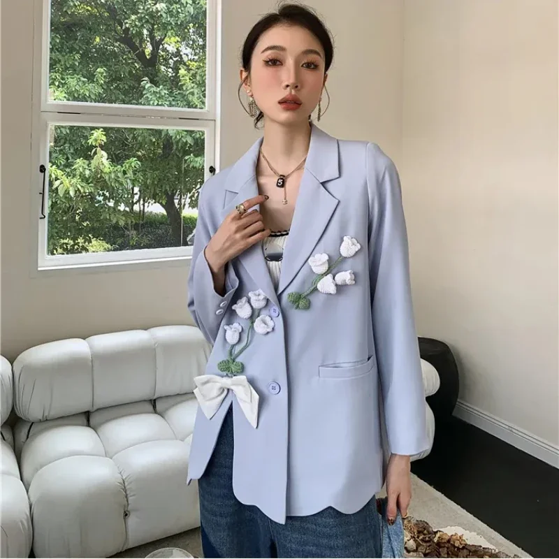 DAYIFUN Literature and Art Blue Floral Patch Blazer Women Elegant Casual Coats Autumn Stylish Design Jackets Fashion Clothing