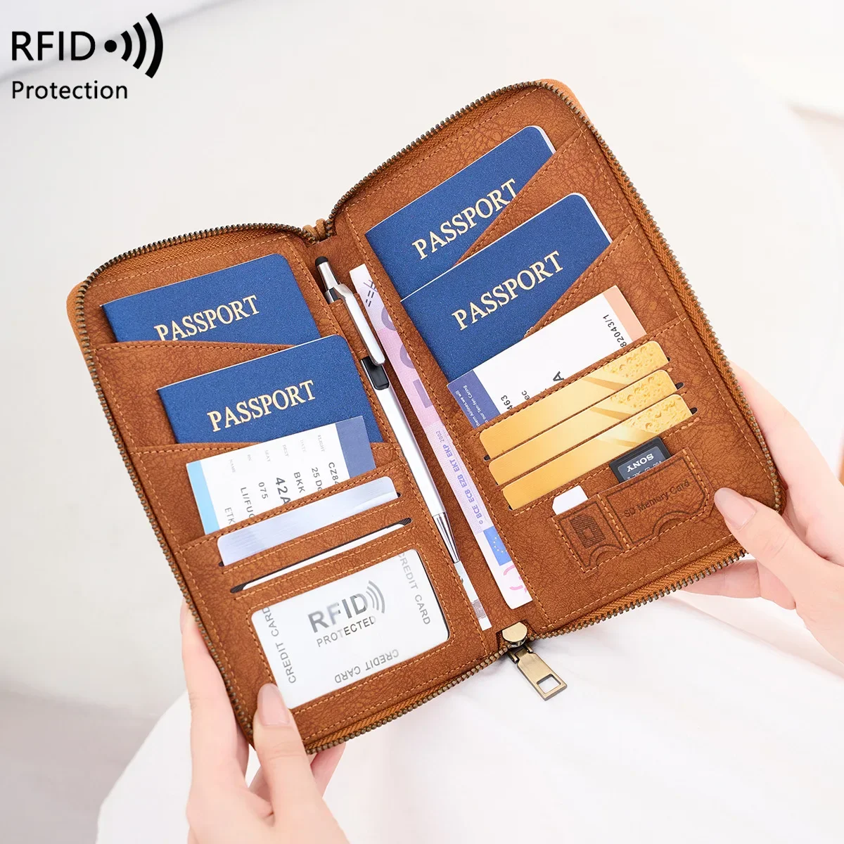 متعددة الوظائف RFID حجب حقيبة جواز السفر حامل مستندات السفر مع سحاب طويل تخزين التذاكر المحفظة لجوازات السفر المتعددة
