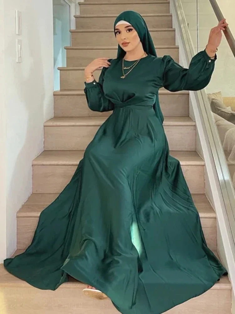 

Summer Satin Abaya for Women Muslim Wrap Hijab Dress Eid Ramadan Abayas Dubai African Dresses Turkey Islamic Modest Kaftan Robe