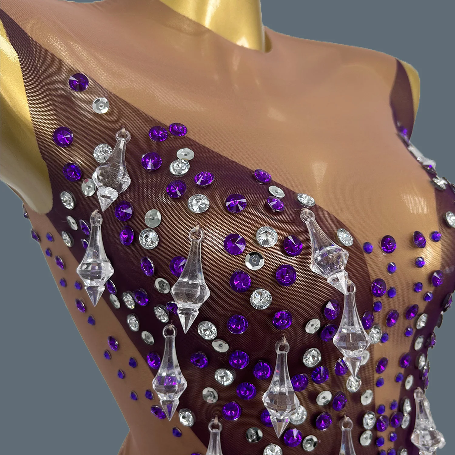 Roxo chique vestido brilho strass cristais pura malha quente mini vestido celebrar festa usar vestido bainha ver através do vestido shizhu