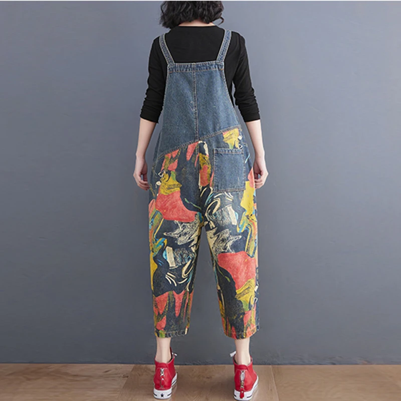 Streetwear Patchwork Printing Denim Jumpsuits Women Loose Wide Leg Dungarees Baggy Pants Rompers Spring Summer Jeans Overalls