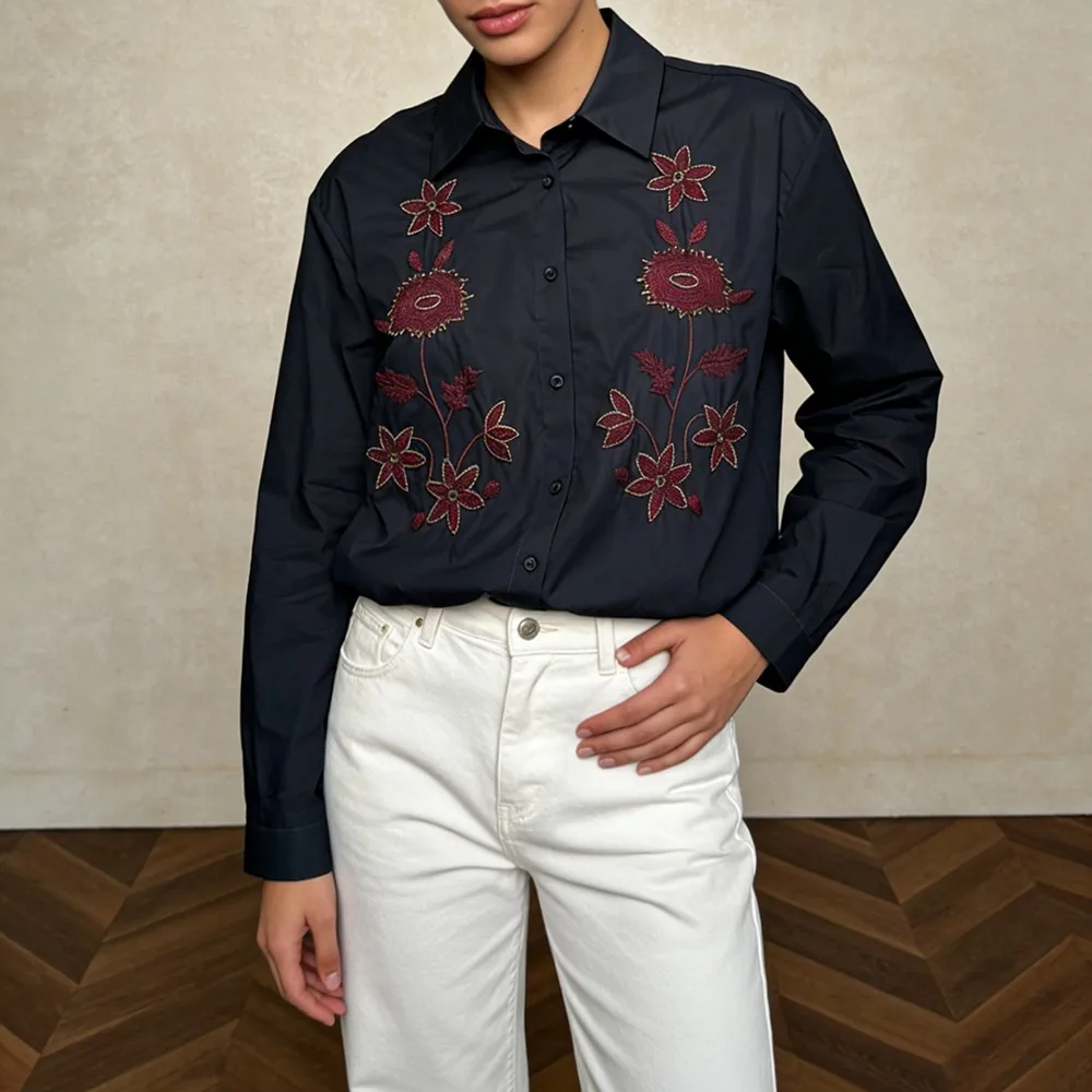 Twotwinstyle sólido emendado bordado básico camisa feminina lapela manga longa solta streetwear camisas femininas outono moda nova