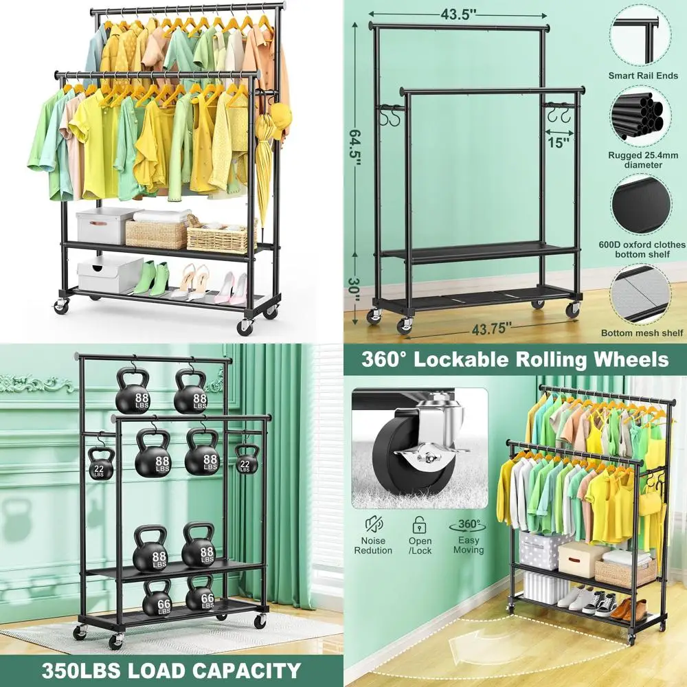 

Sturdy Rolling Clothes Rack with Wheels, Freestanding Garment Rack for Bedroom and Living Room, featuring Oxford and Mesh Shelve