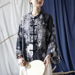 OriGoods Oversized Batwing Sleeve Shirt Women Ramie 100% Print Shirt Summer 2024 New Chinese Style Clothing Black Thin Tops X043