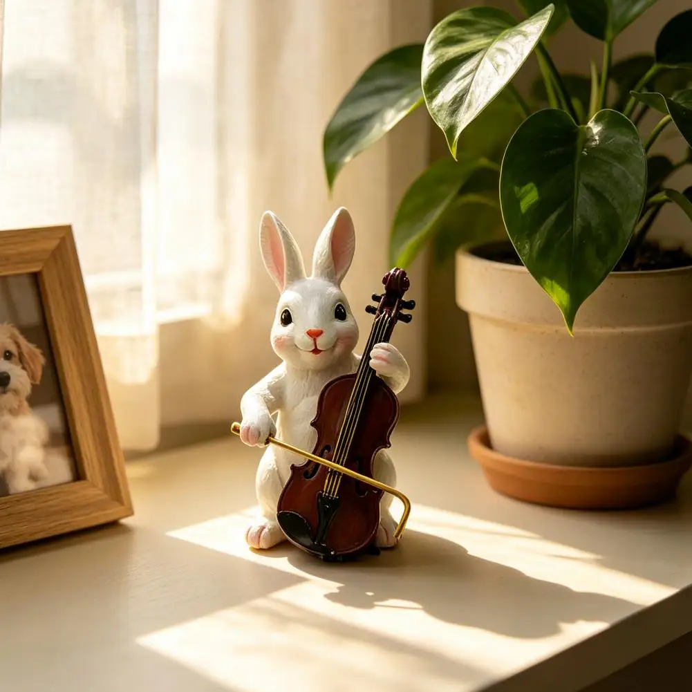 Rabbit Statue Cute Rabbit Playing Violin Figurine Hand Painted Synthetic Resin Sculpture Realistic Ornament for Garden Patio