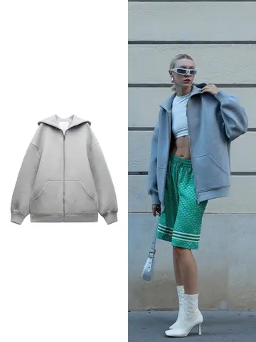 Women's Fashion Warm Hooded Jacket Fall and Winter Gray Long Sleeve Pocket Zipper Jacket Commuter Casual Women Jacket