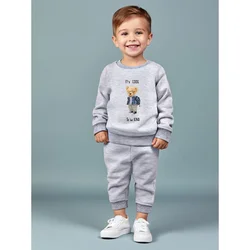 Boy's round neck long sleeved hoodie set with cartoon and artistic teddy bear with backpack, English letter printed versat 2344A