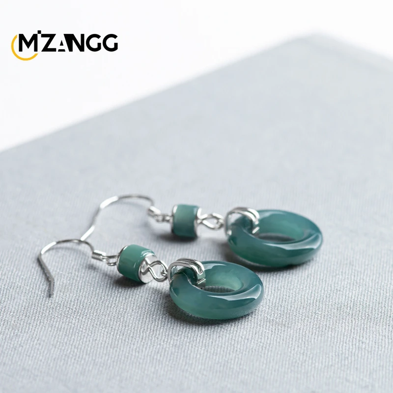 S925 Silver Set with Natural Emerald Blue Water Peace Buckle Earrings Exquisite Fashion Women's Jewelry Holiday Party Gift