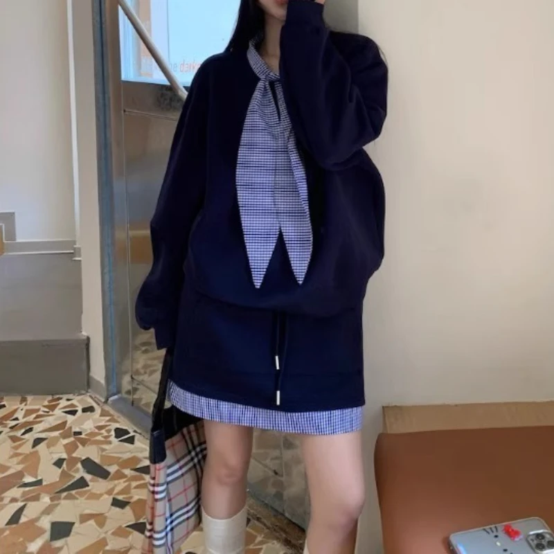 

Casual Suits: Women's Contrasting Plaid Lace-up Sweatshirts, Pre-fall High-waisted A-line Skirts, Skirts, Preppy Two-piece Sets
