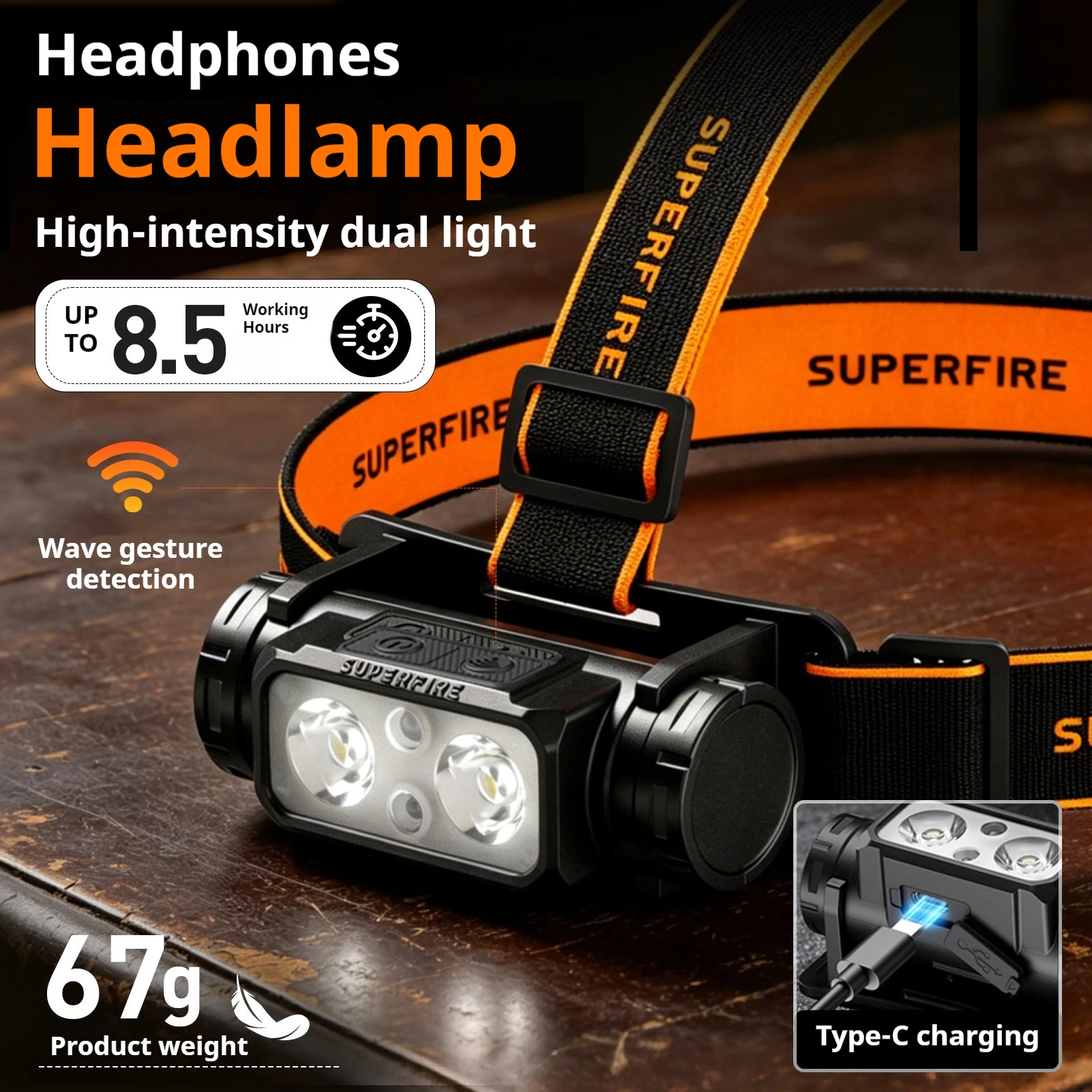 SUPERFIRE HL106 Doppellampen-Stirnlampe 18650 USB-C Wiederaufladbare Leuchte Mini-Stirnlampe für Camping Notbeleuchtung