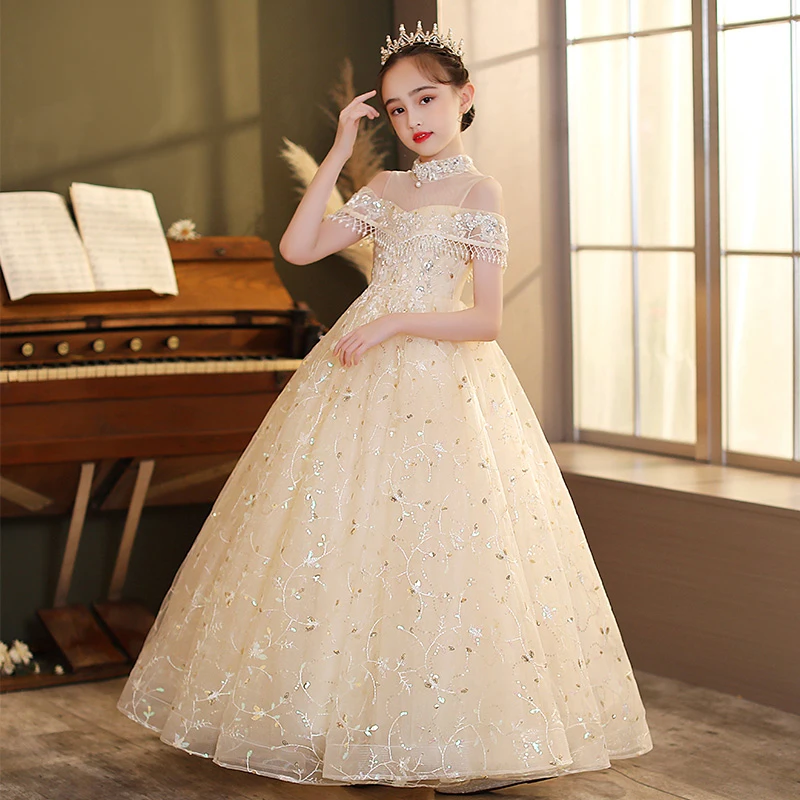 Kids Champagne Gala Long Dresses for Flower Girls Formal Luxury Birthday Party Designer Evening Gowns Children Sleeveless Dress