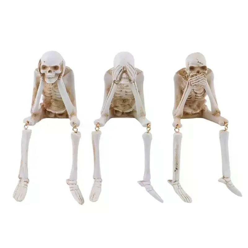 Halloween Skeleton Decor 3 Pcs Resin See Hear Speak No  Figurines for Gothic Home Desktop Shelf Ornament