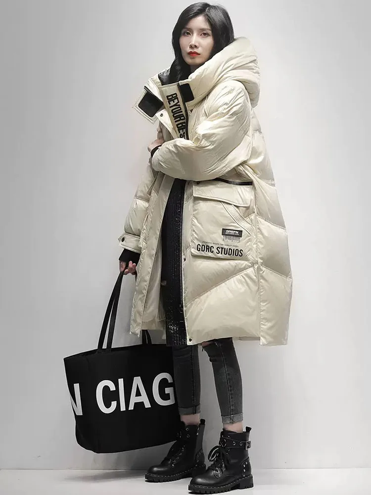 Imagem -06 - Inverno Preto Longo 90 Pato Branco para Baixo Jaqueta Feminina Streetwear Nova Moda Carta Solta à Prova de Vento Parkas com Capuz para Baixo Cabolsas 2023