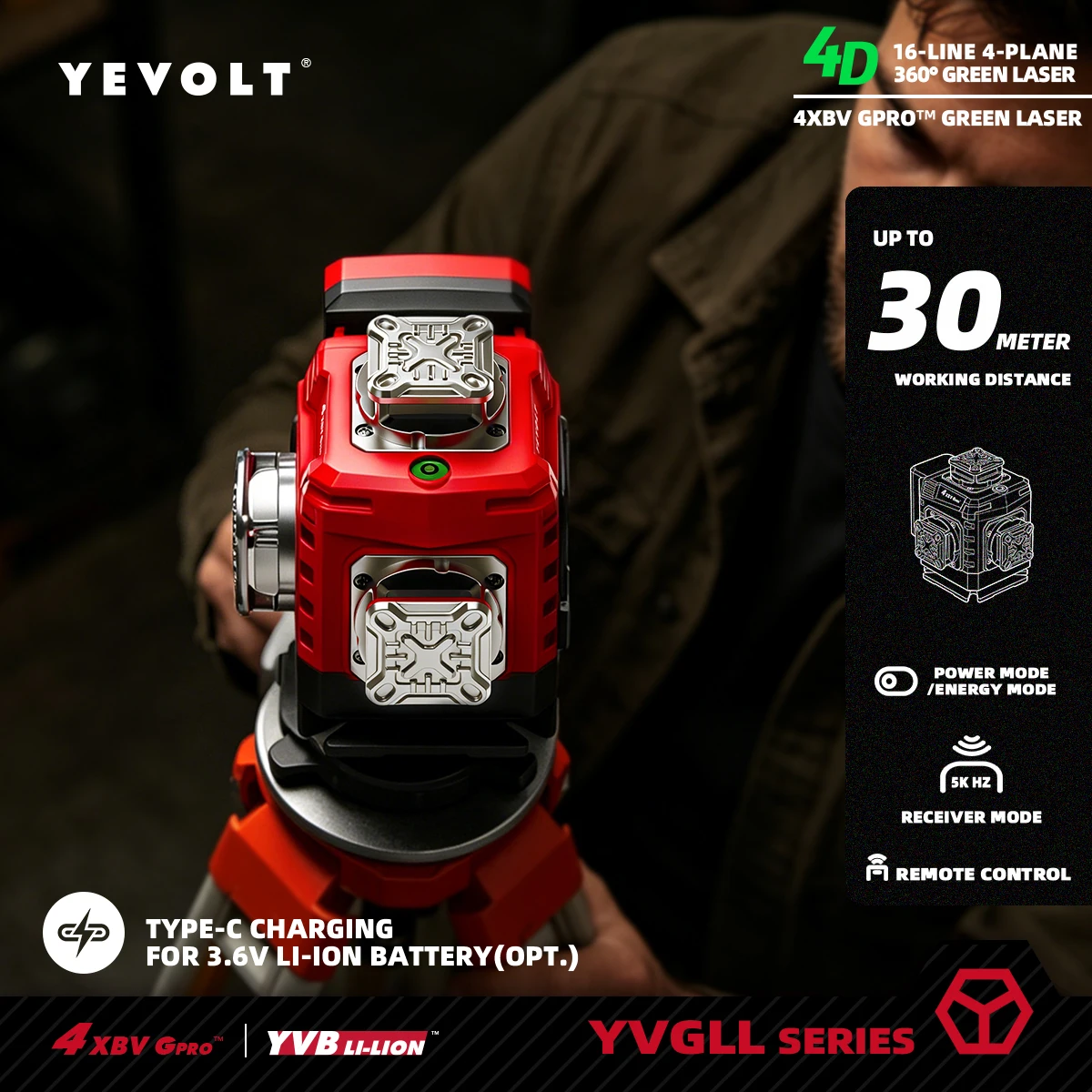 Niveau Laser Vert YEVOLT 16 Lignes 4×360°, Auto-nivelant avec Mode Pente, Contrôle Tactile et Télécommande, Recharge Type-C, IP54 Antipoussière et Étanche pour Traçage Intérieur et Extérieur