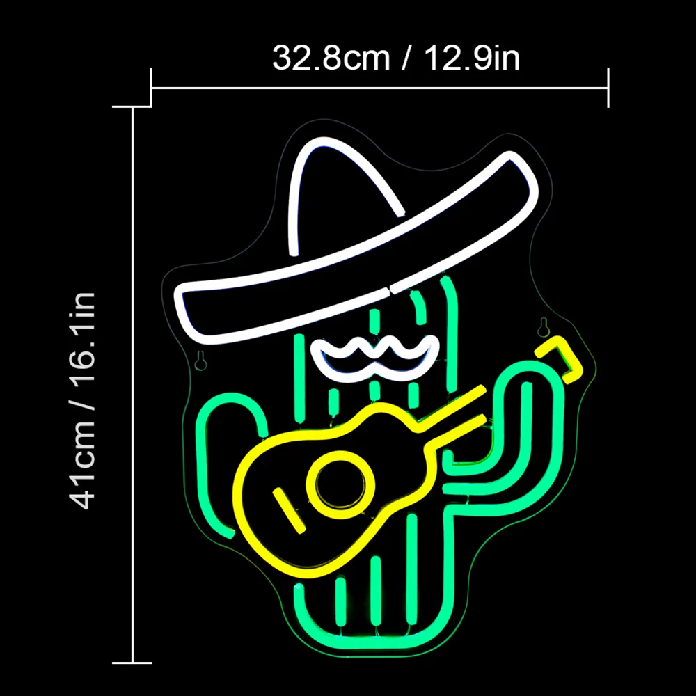 Green Cactus Neon Sign Cowboy Rock Guitar LED Lights Aesthetic Room Decoration For Bar Party Gamer Room Home Decor USB Wall Lamp