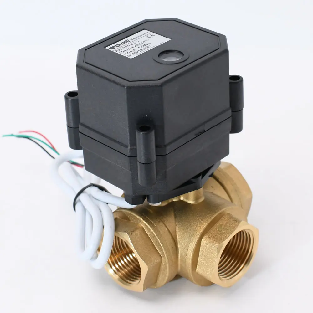 Tonheflow A20-T25-B3-C DN25 Female NPT Thread 3 Way L Port Brass CR202 AV110-220V 230V Motorized Valve 1.5m Cable Black