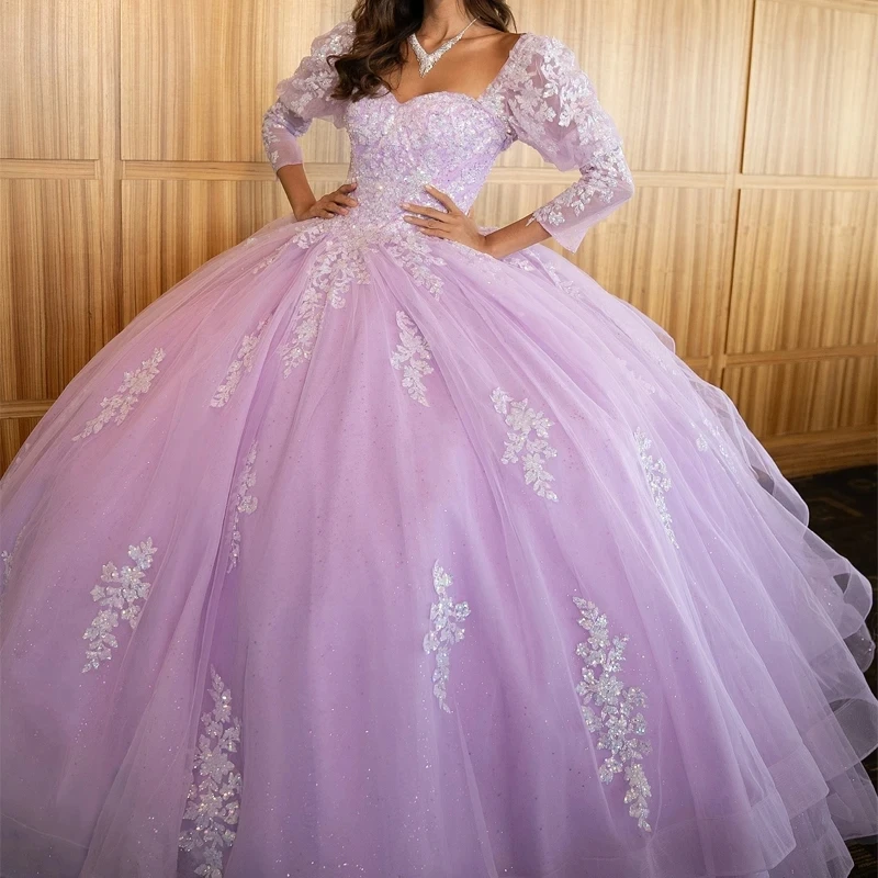 

Lavender Lilac Quinceanera Dress Off The Shoulder Lace Applique Sequins Beading Tull Mexican Sweet 16 Vestidos De XV 15 Anos