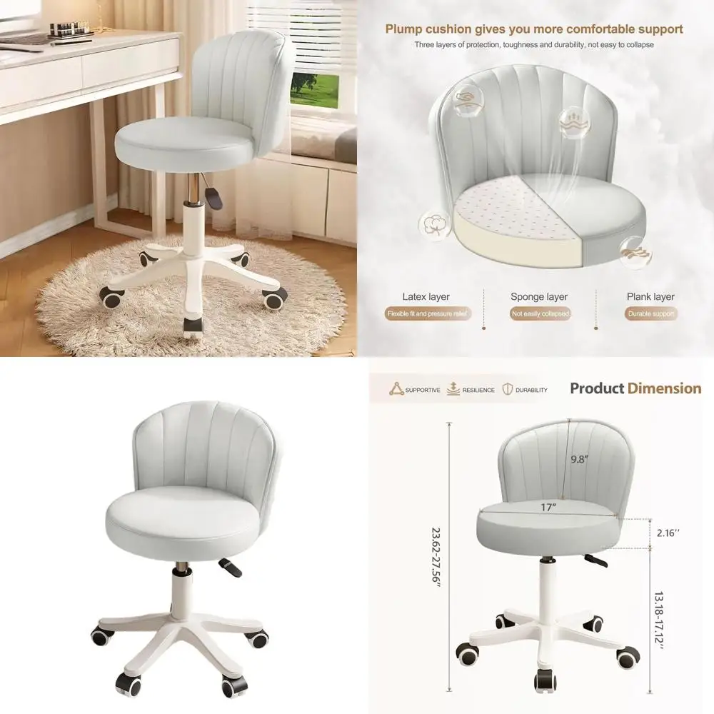 

Compact Swivel Desk Chair - Armless, Comfortable Vanity Chair with Adjustable Height, PU Leather, Low Backrest for Work or Spa