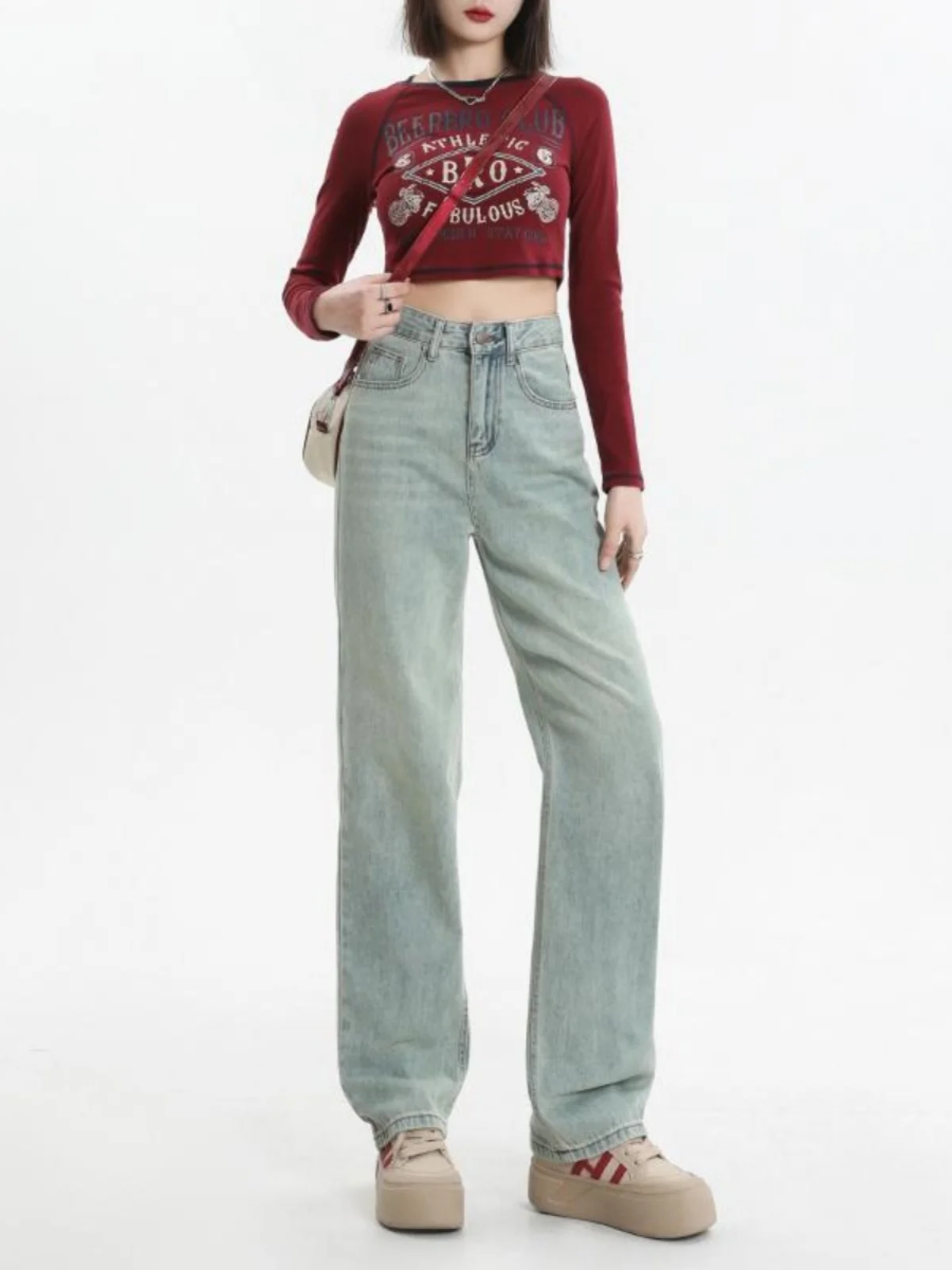 

Джинсы с высокой талией и широкими штанинами, вышитые на подкладке, женские модные брюки прямого кроя, повседневная зимняя коллекция