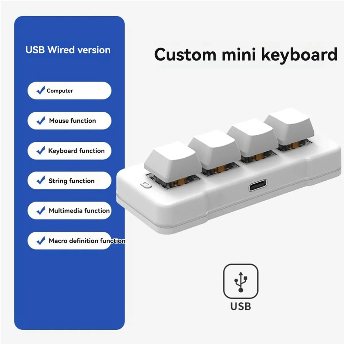 

(A26M) MK424U 4-Key Mini Customized Keyboard with Mechanical Blue Switch USB Macro Programmable RGB Gaming Keyboard White