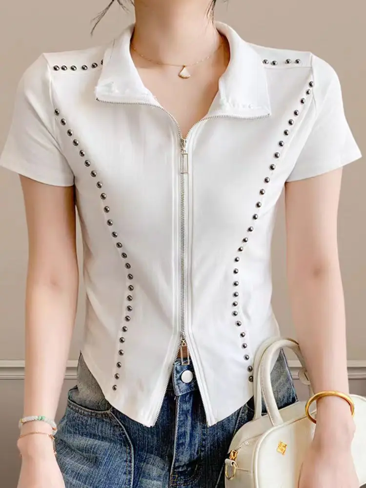 2025 Summer Cotton T-Shirts Women's Fashion Double Zipper Short Sleeve Studded Crop Top Heavy Duty Open Front Shirt