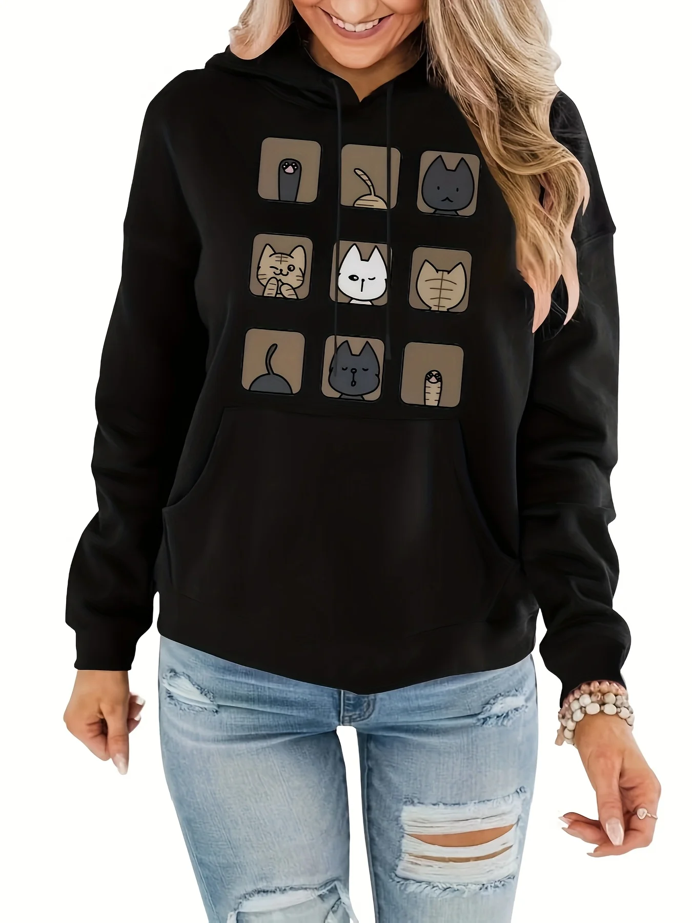 

Женская толстовка с рисунком кота, девять сеток, принт, новинка 2025 года, осенне-зимний топ с капюшоном и длинными рукавами, женская повседневная одежда