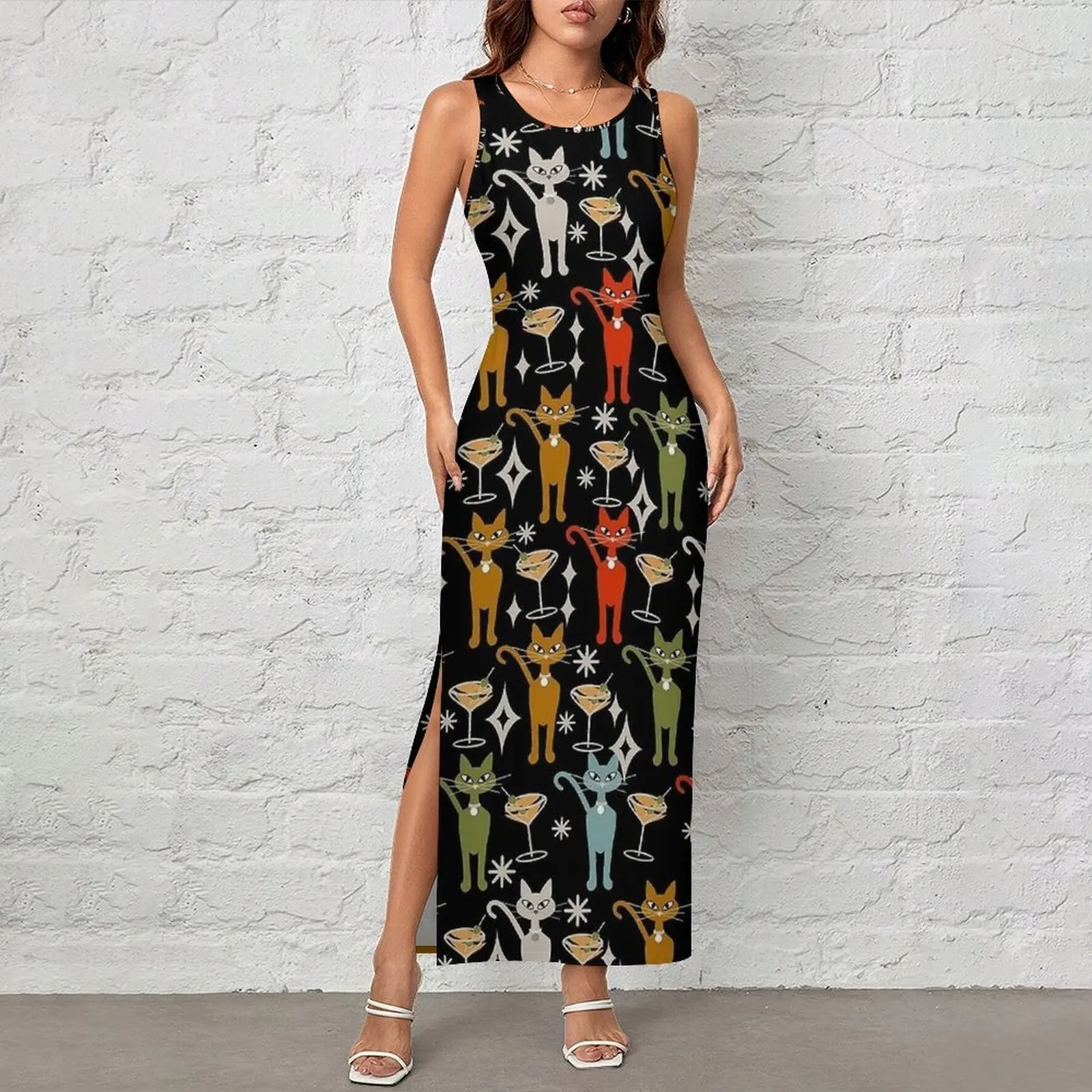 Party Hour Retro Cats Print on Black Dress Sleeveless Cute Maxi Dresses Spring Street Wear Pattern Bodycon Dress Big Size 4XL