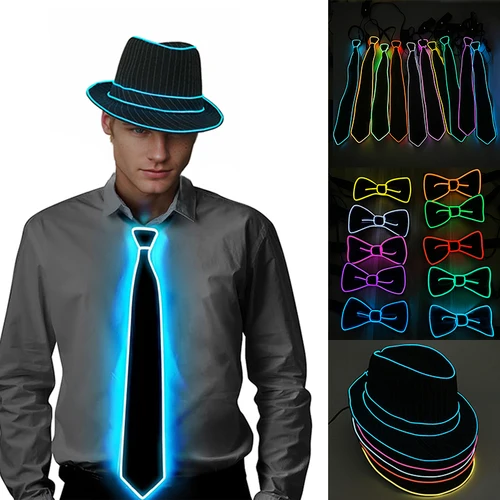 Sombrero y corbata iluminados para hombre, sombrero divertido luminoso Led, sombrero de copa brillante para club fluorescente, accesorios de espectáculo de danza, disfraces de actuaciones