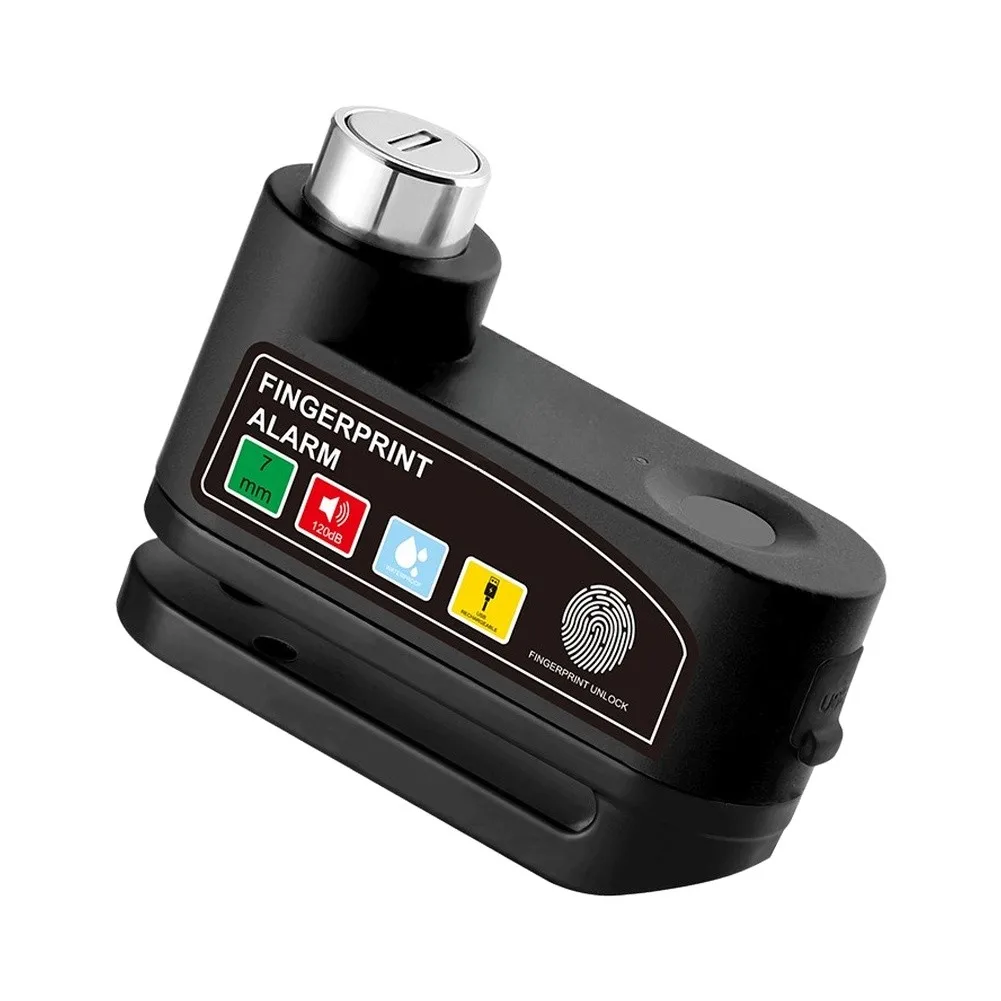 Fingerprint Activated Disc Brake Lock with 120dB Anti-Theft Alarm for Motorcycles and Bicycles USB Rechargeable