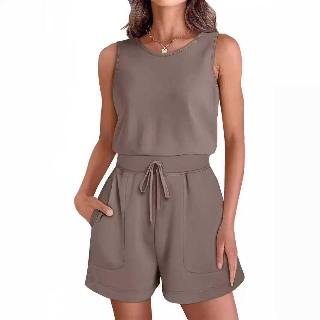 Summer Women's Jumpsuit Vest High-waist Drawstring Slim Pocket Slim Simple Versatile Fashion Fitness Romper