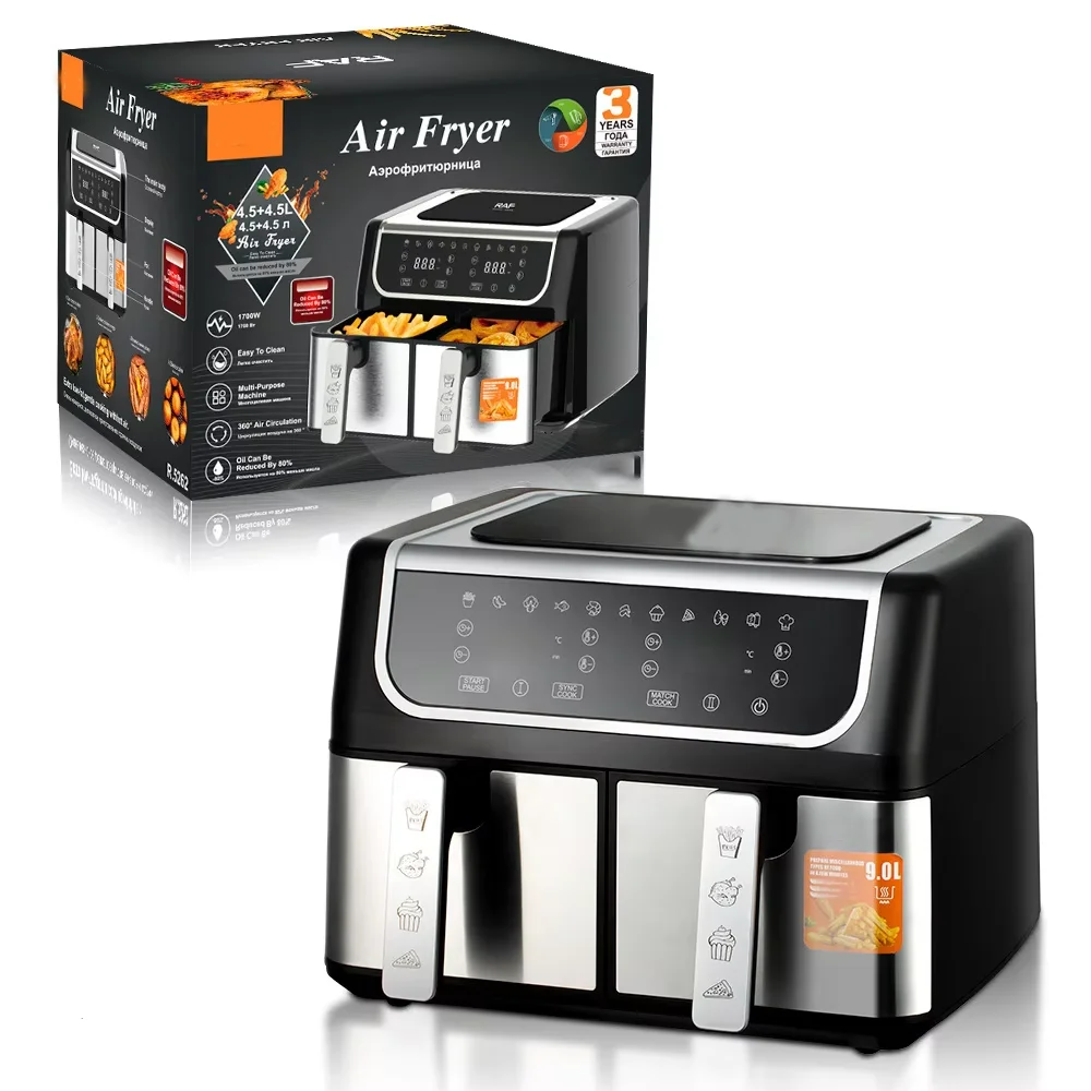 Dual Pot Dual Basket Air Fryer with Smart Touch Screen US/EU Standard Large 9L Capacity Multi-Functional for Household Use