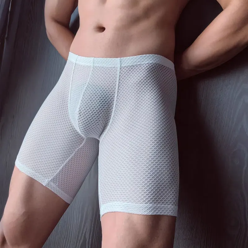 Sexy Boxer Shorts Men Mesh Shorts Long Leg Underpants Male U Convex Pouch Breathable Panties Fitness Lengthen Short Pants Cueca