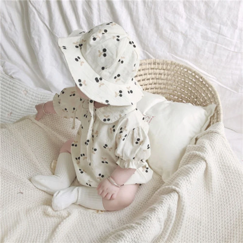 2Pcs Baby Summer Romper Hat Cherry Cotton Korean Infant Romper Kids Boys Girls Clothes Toddler Outfit Set Baby Onesie