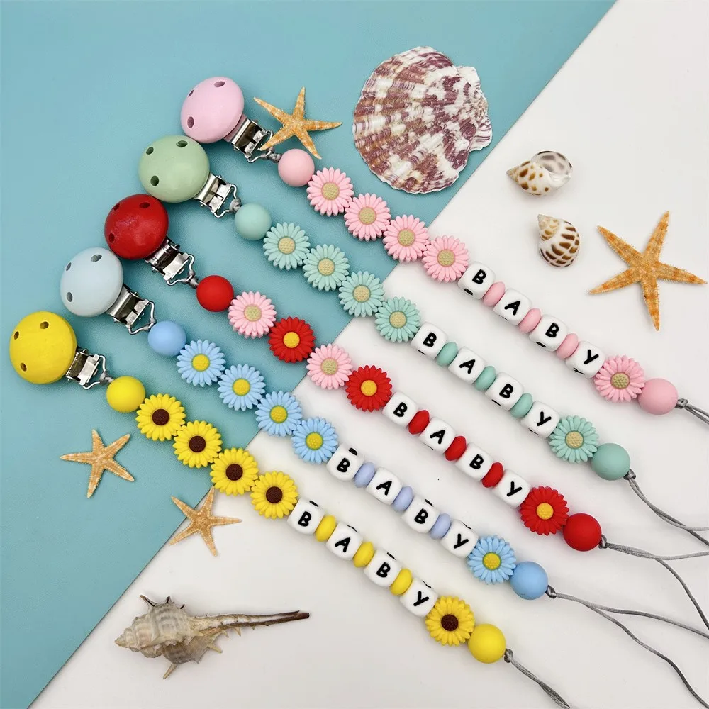 Customized English Name Russian Alphabet Name Baby Flower Clips Pacifier Holder Chain Teether Pendant Bebe Accessories Gift