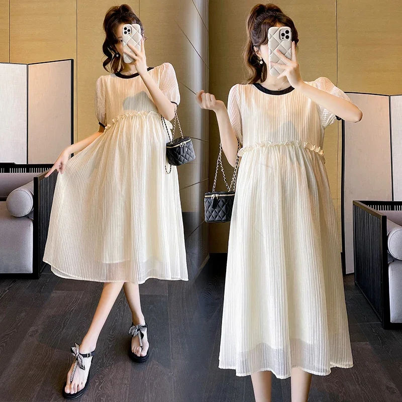 2024 Summer Korean Fashion Maternity Midi Dresses Elegant A Line Slim Clothes for Pregnant Women Pregnancy Casual Daily Wear