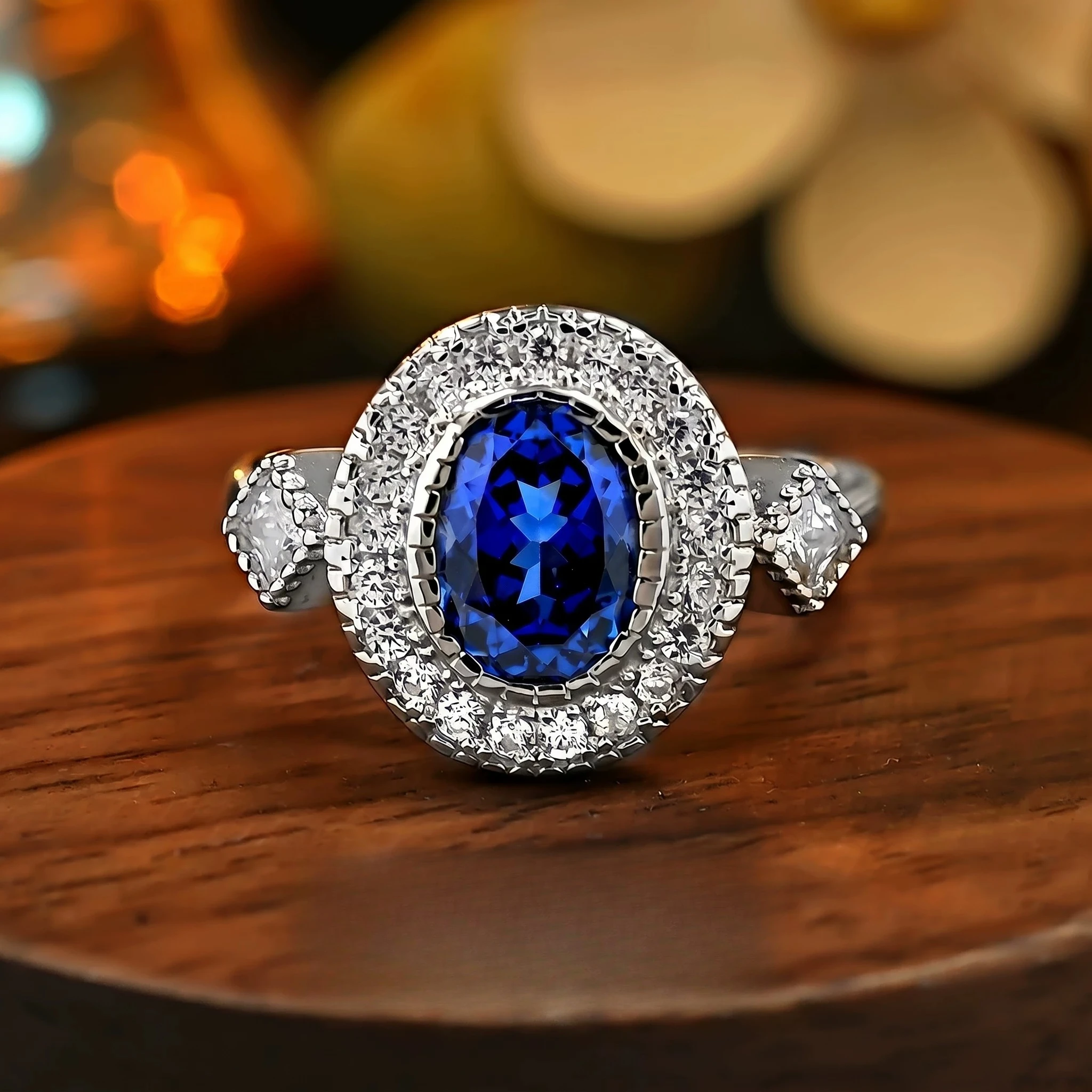 

S925 Silver Ring 1ct Royal Blue Zircon Inlaid Double Layer Full Inlaid Light Luxury Palace Finger Female Jewelry